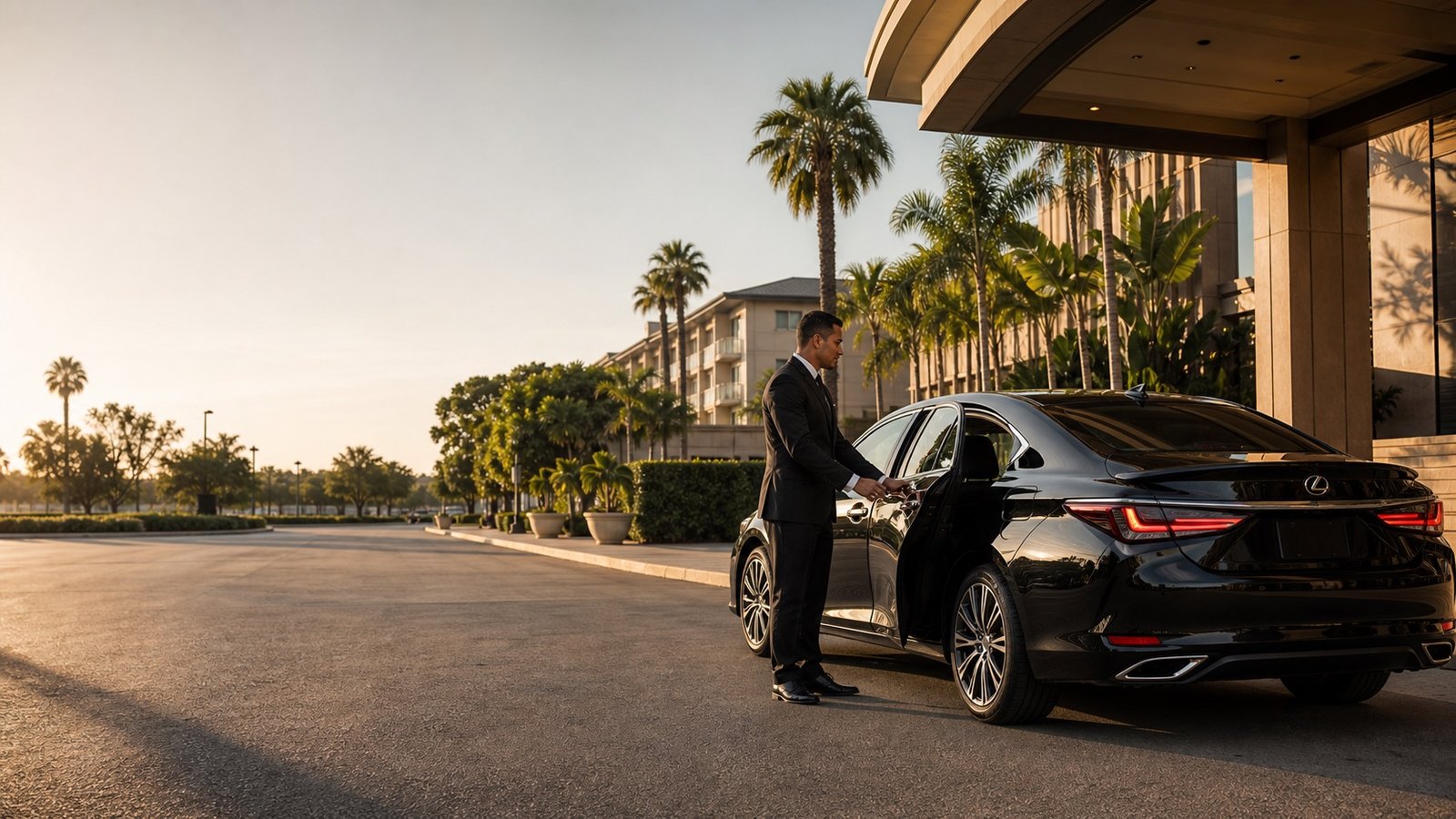 Black Lexus ES style comfort sedan near Anaheim resort district with professional door service