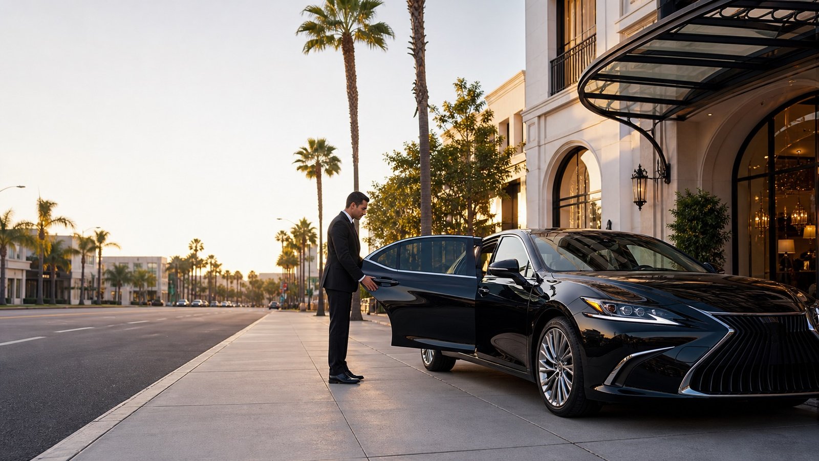 Black Lexus ES style comfort sedan in Beverly Hills with chauffeur opening rear passenger door