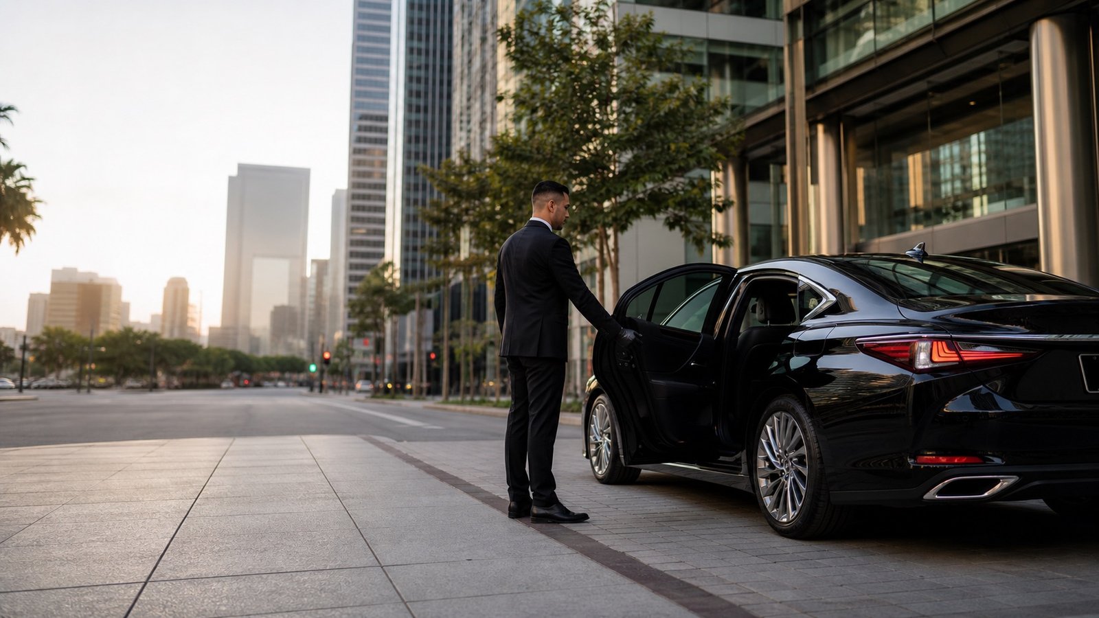 Black Lexus ES style comfort sedan in Los Angeles city setting with chauffeur opening door