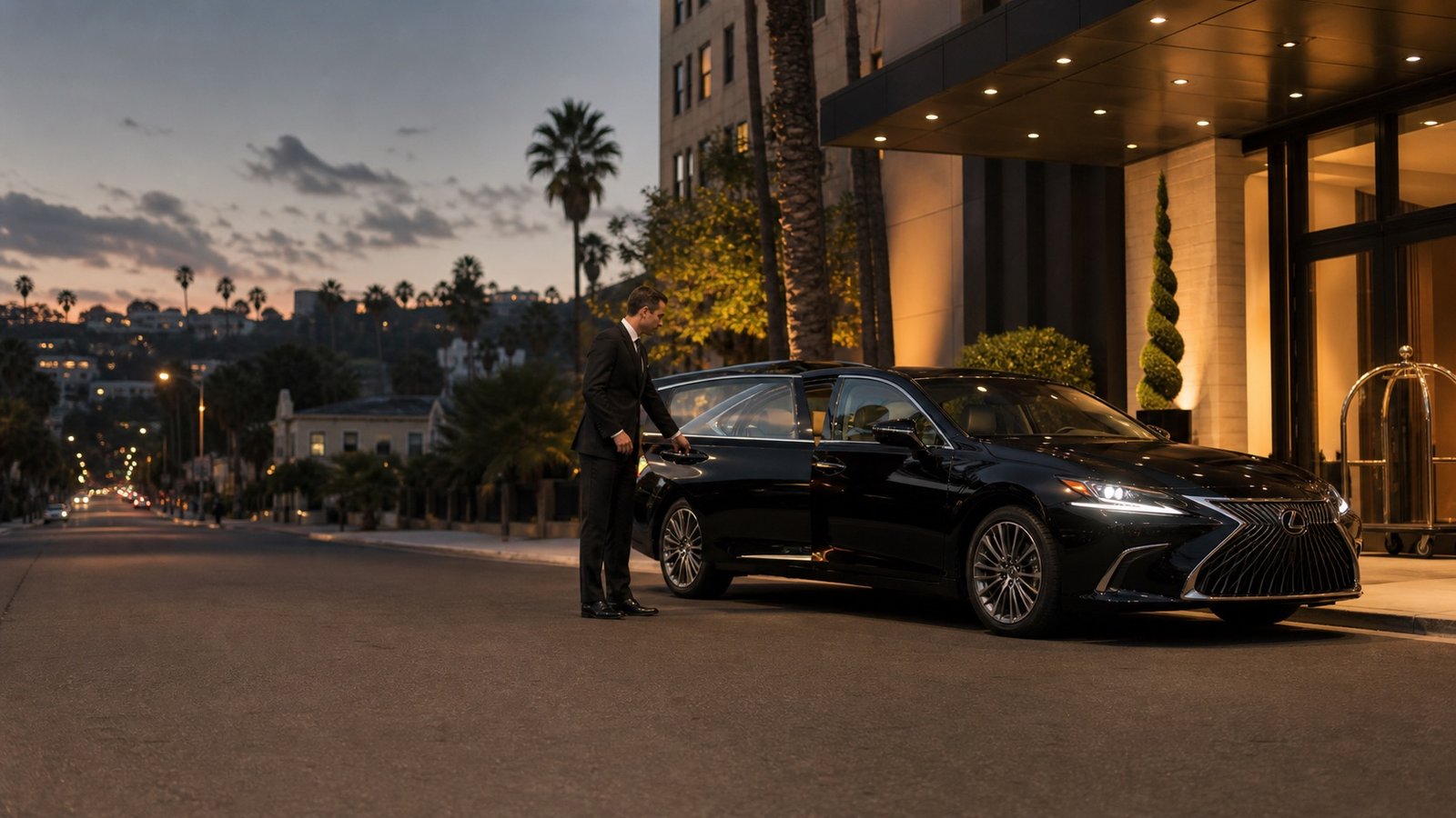 Black Lexus ES style comfort sedan at Hollywood hotel arrival with professional chauffeur service