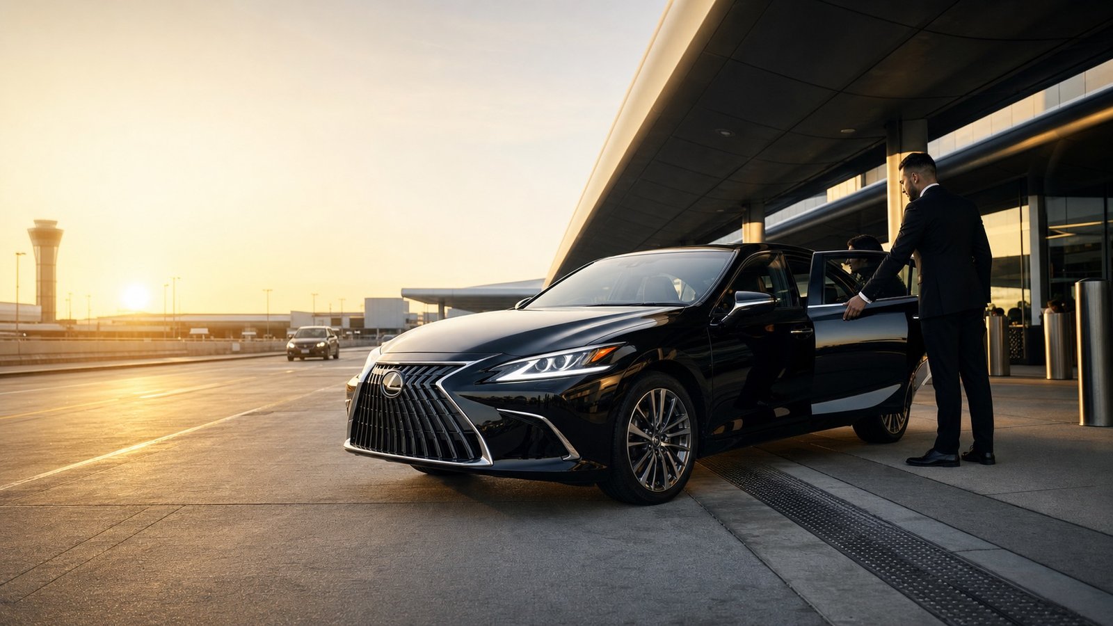 Black Lexus ES style comfort sedan at LAX with chauffeur opening rear door