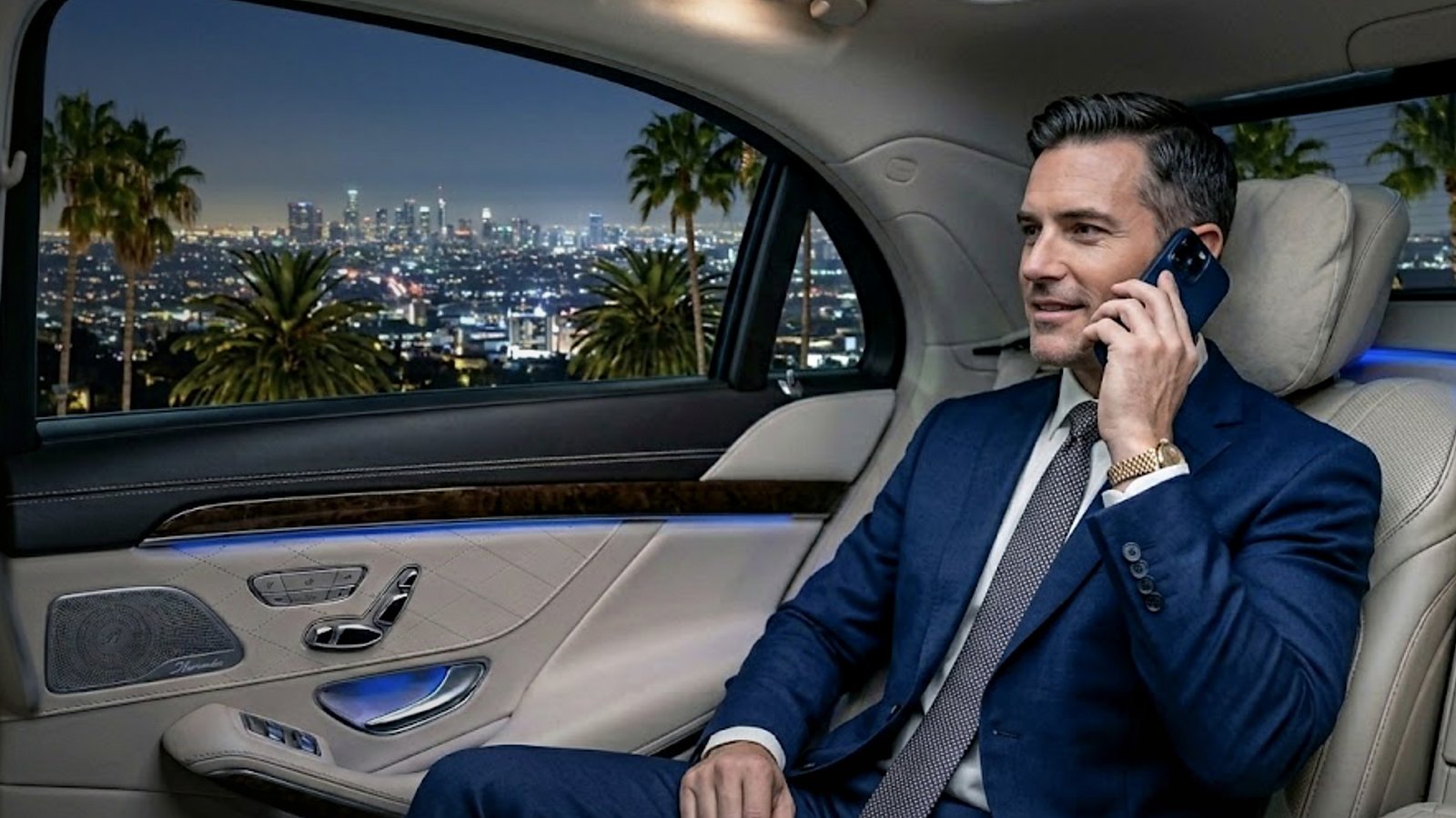 Executive passenger in a luxury chauffeur vehicle overlooking Beverly Hills and Los Angeles city lights