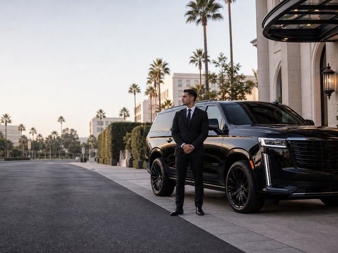 Chauffeur standing before a black Escalade at a Beverly Hills hotel entrance