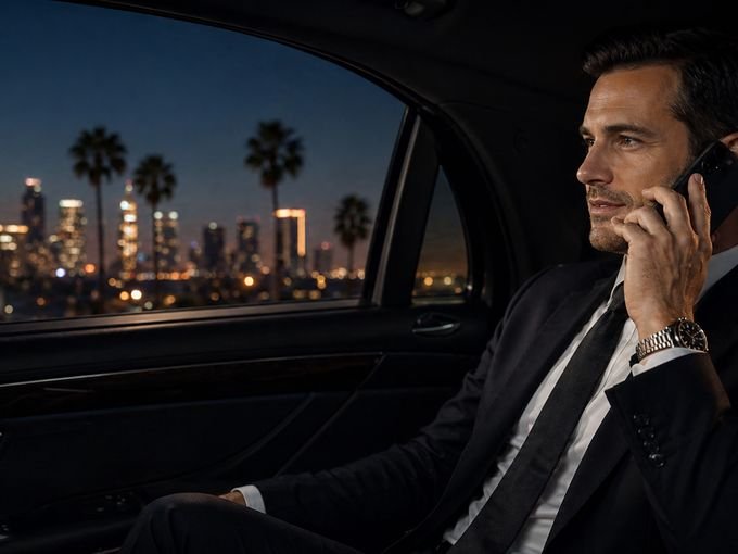 Passenger in the rear cabin of a luxury vehicle with the Los Angeles skyline at night