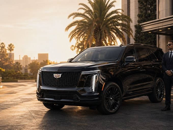 Black Cadillac Escalade with chauffeur at golden hour