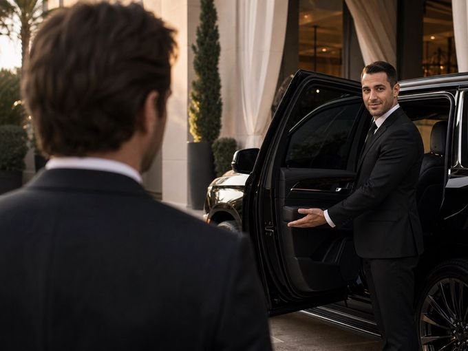 Chauffeur welcoming a family into a luxury SUV