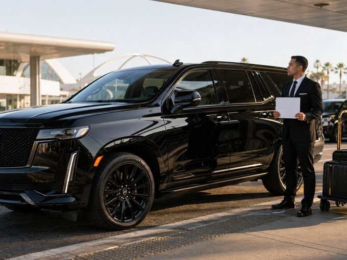 Chauffeur waiting with a greeting sign beside a black Escalade at LAX