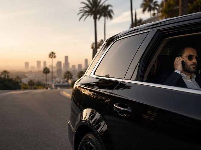 Passenger in a black SUV descending a palm-lined Los Angeles street at sunset