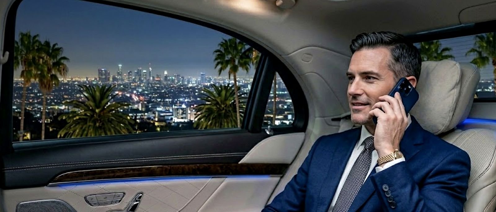 Passenger riding through Los Angeles at night in a luxury sedan
