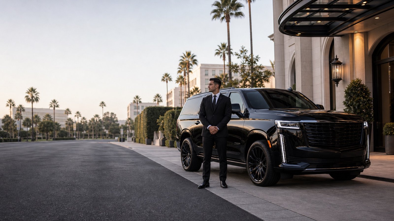 Professional chauffeur standing full-body beside black Escalade for campaign
