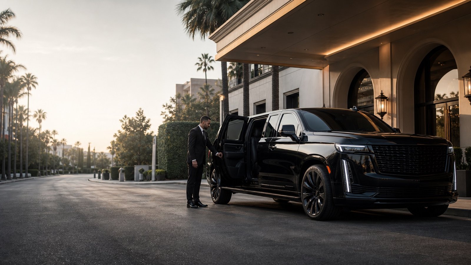 Black Cadillac Escalade with professional chauffeur opening rear passenger door