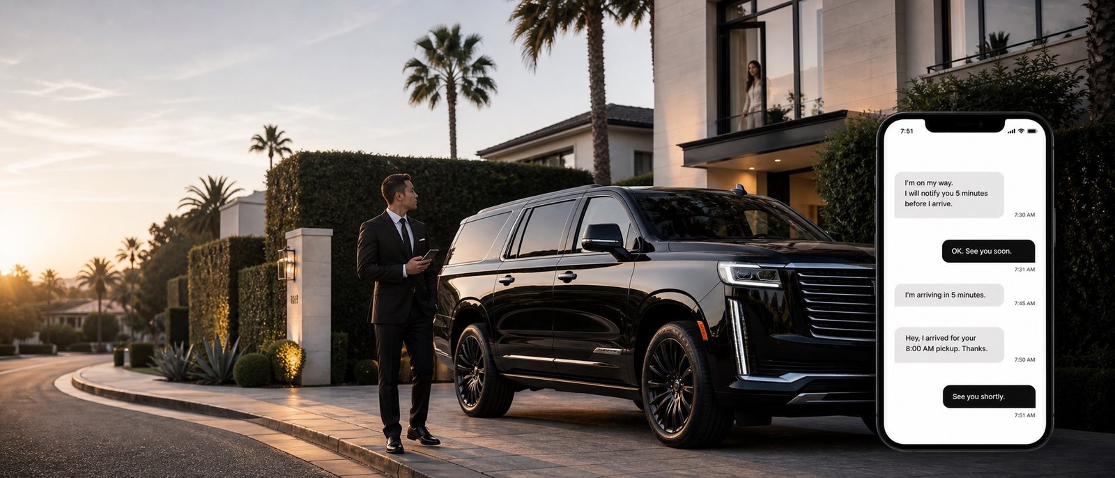Chauffeur early-arrival communication and on-time message proof before 8 AM pickup