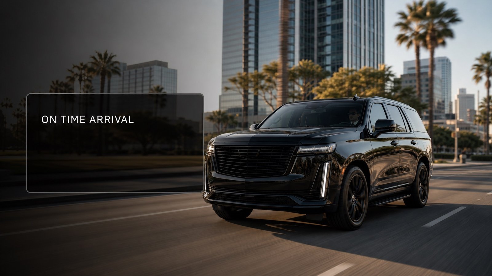 Cadillac Escalade in motion with on-time arrival campaign style