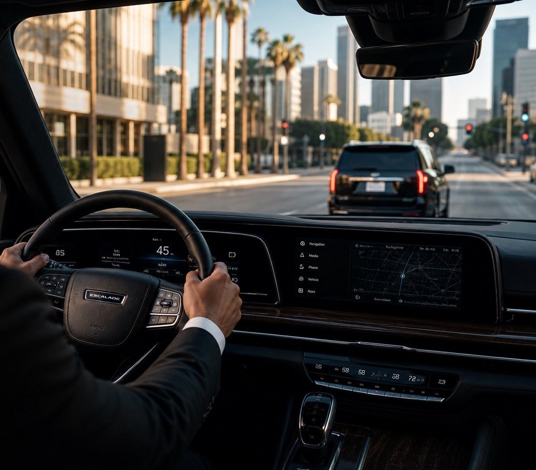 Chauffeur driving with steering wheel close-up and clear road view