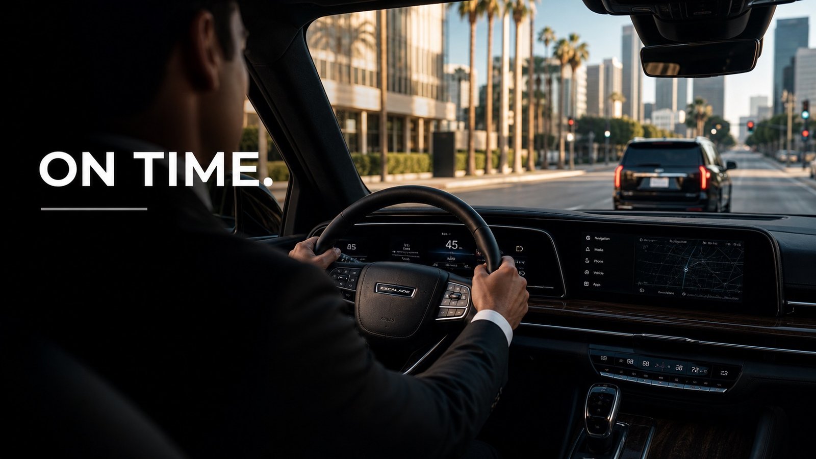 Chauffeur driving with steering wheel close-up and on-time campaign look