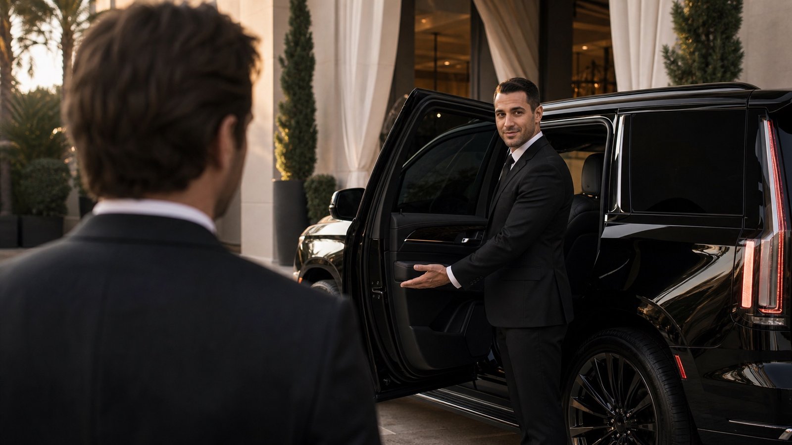 Shoulder-view greeting moment as chauffeur opens door for arriving passenger