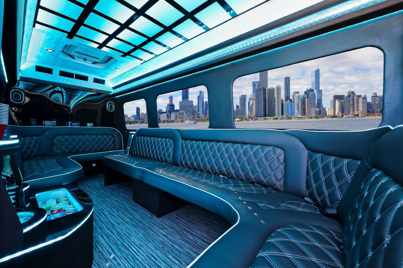 Sprinter limo interior with perimeter seating and colour cabin lighting