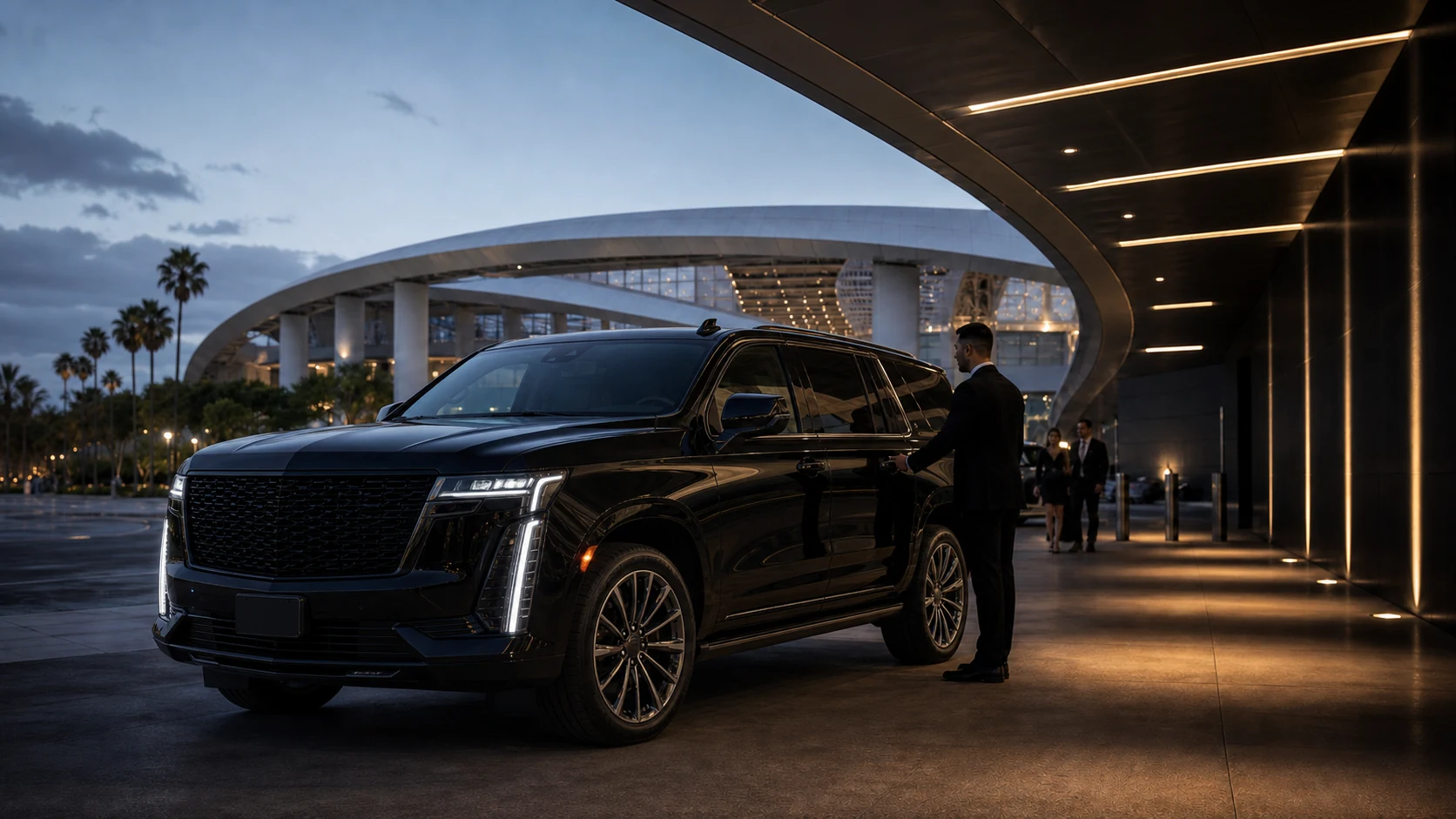 2026 luxury black SUV and chauffeur at the SoFi Stadium VIP entrance in Inglewood