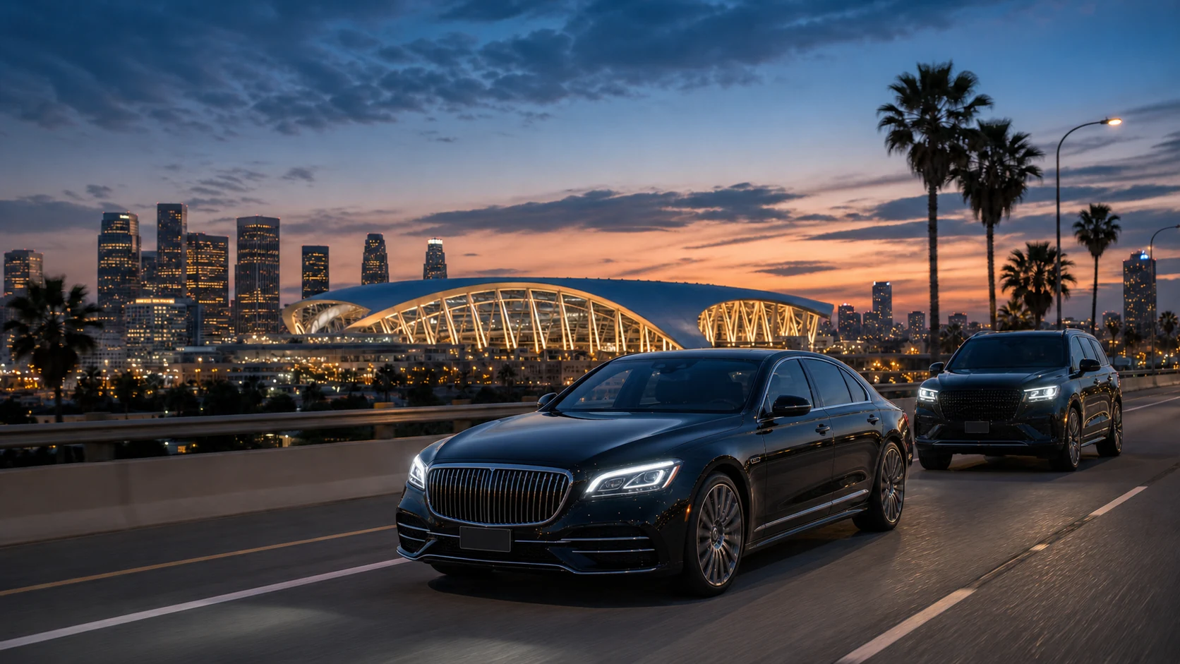 2026 luxury sedan and SUV fleet traveling through Los Angeles for World Cup transportation