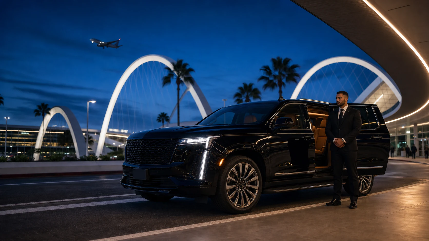 2026 luxury SUV and professional chauffeur at the LAX airport gateway pylons in Los Angeles