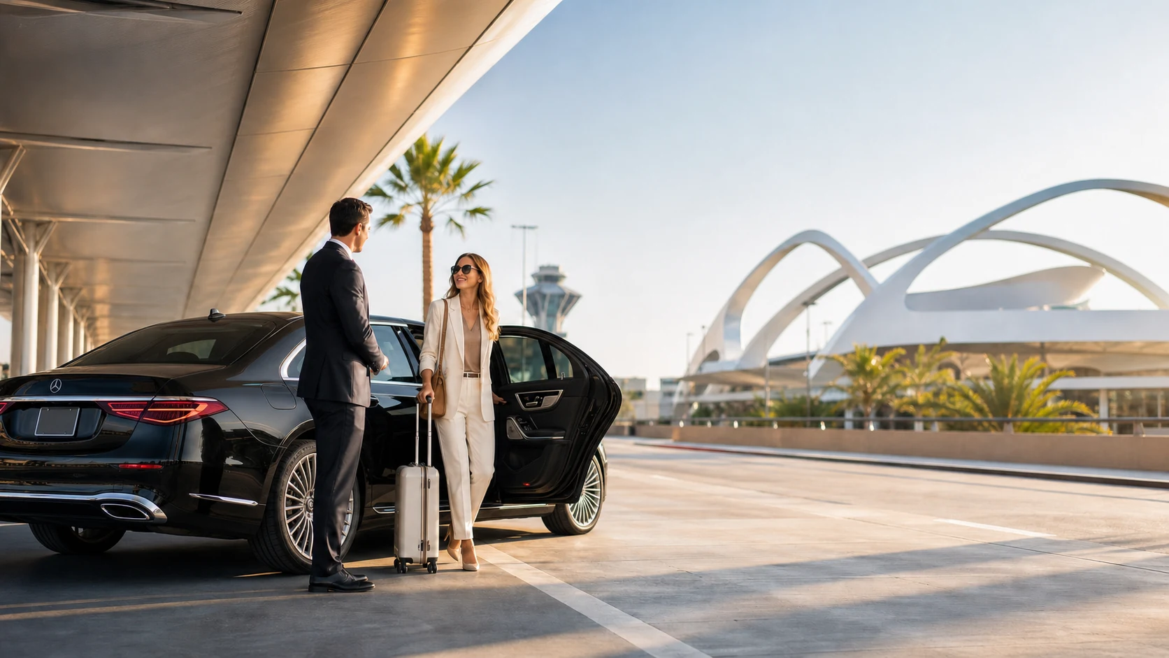2026 luxury sedan airport pickup with chauffeur at LAX in summer