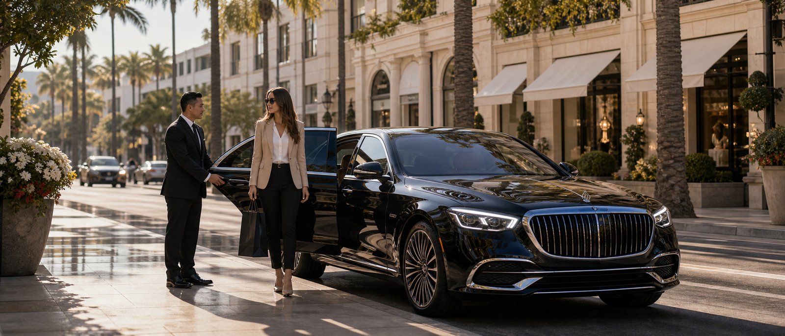 Chauffeur with luxury vehicle on Rodeo Drive ready for a Beverly Hills to LAX departure