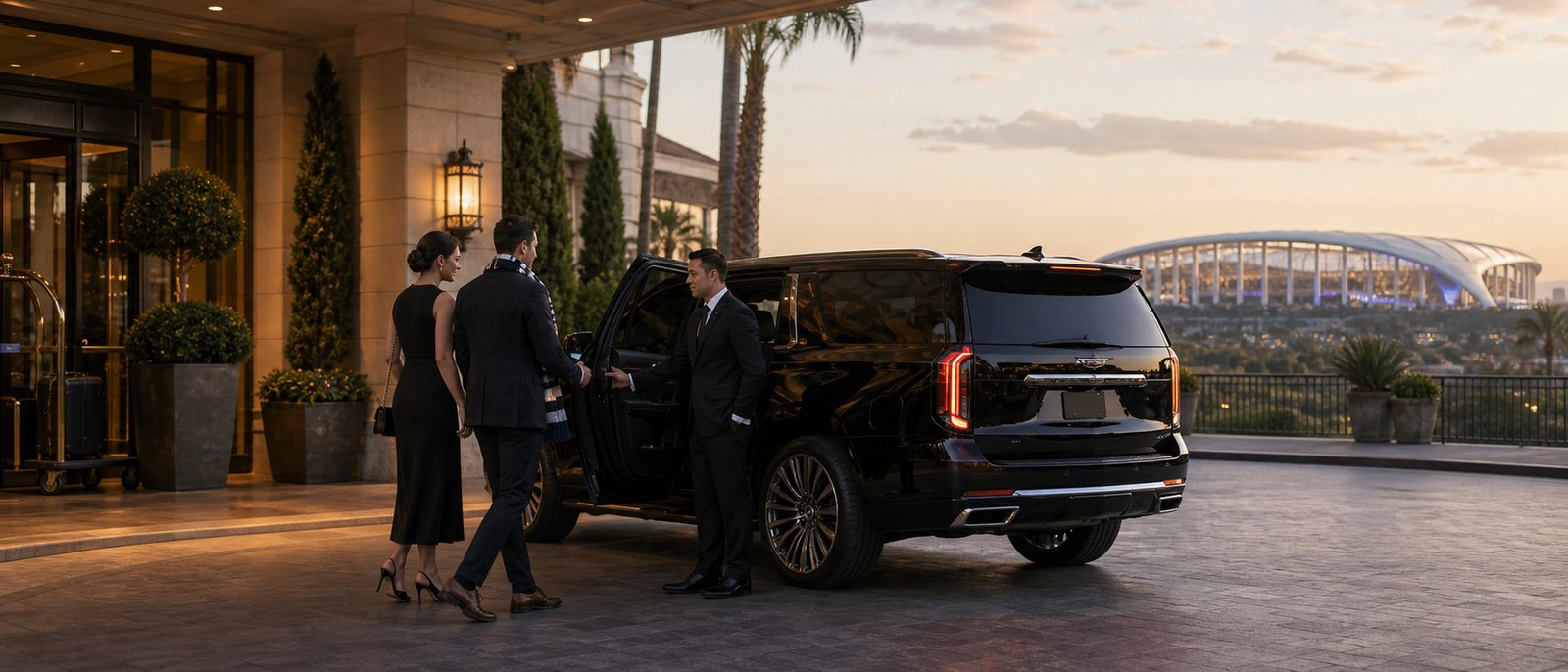 Chauffeur greeting a family at their hotel for an LAX to Disneyland private transfer